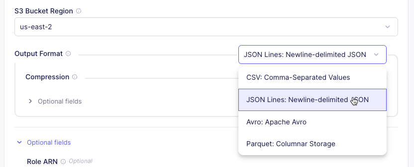 Choosing JSON Lines format as the Output Format on the Destinaton configuration for the S3 destination